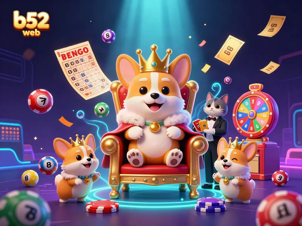 Engage with the thrilling b52 web as a royal corgi presides over a lively casino scene.
