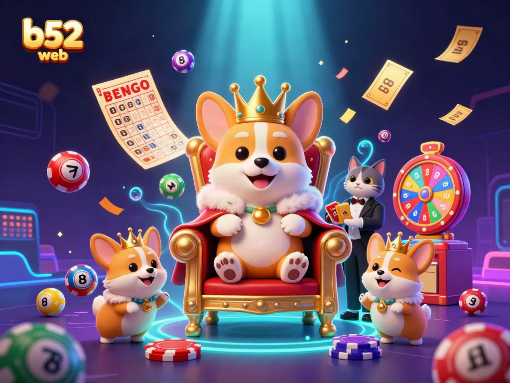 Engage with the thrilling b52 web as a royal corgi presides over a lively casino scene.
