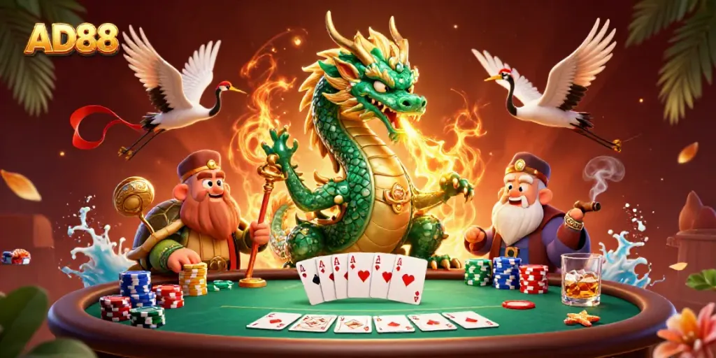 Experience thrilling gaming at AD88 with vibrant dragons, lucky cranes, and poker excitement.