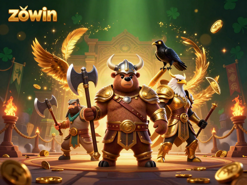 Zowin's dynamic 3D Viking bear and Valkyrie eagle illustrate a captivating casino scene filled with gold