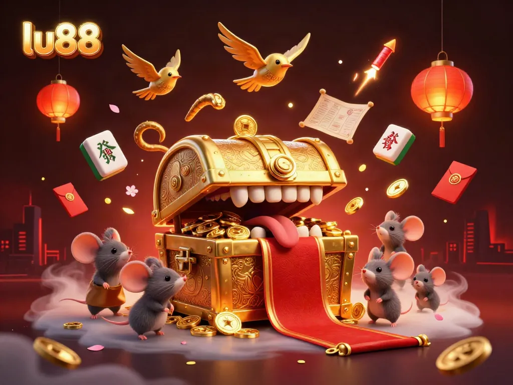 Engage with the thrilling world of lu88's casino adventures featuring a treasure chest, vibrant elements, and animated details.