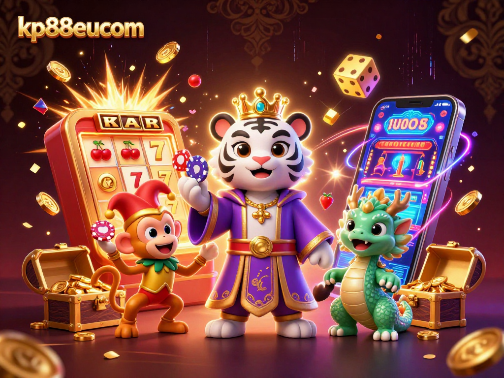 Experience the excitement at kp88eucom with a vibrant casino scene featuring a tiger, monkey, and dragon amidst fireworks.