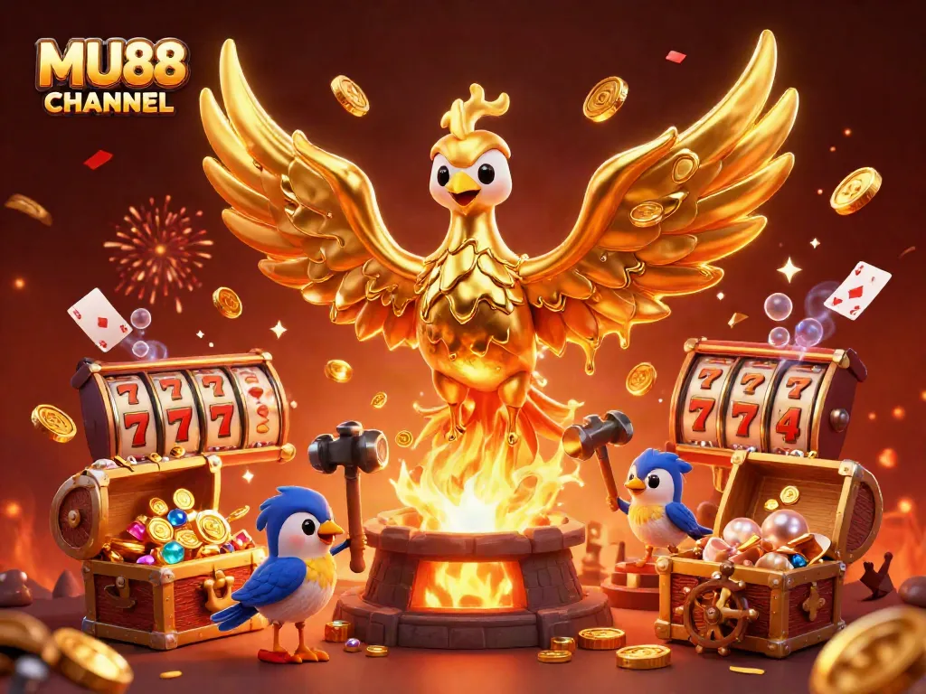 Experience thrilling action with MU88 CHANNEL's molten phoenix and jackpot elements in a vibrant casino scene.