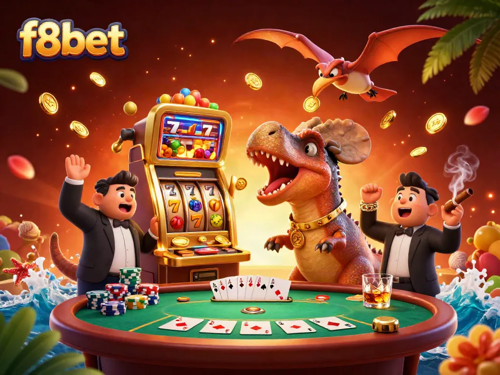 Experience the excitement of f8bet with a dinosaur headbutting a jackpot slot machine in a vibrant casino scene.