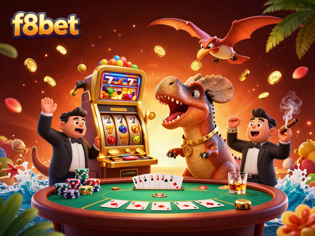 Experience the excitement of f8bet with a dinosaur headbutting a jackpot slot machine in a vibrant casino scene.