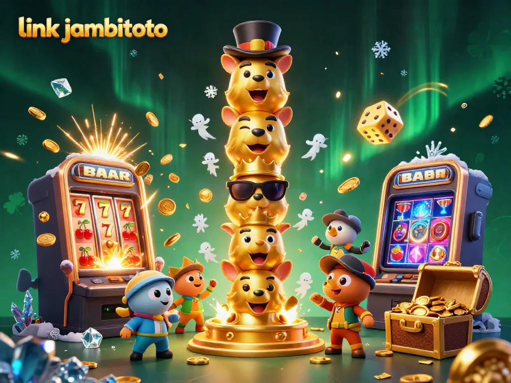 Experience the excitement at link jambitoto with a vibrant illustration of slot machines and winning symbols.