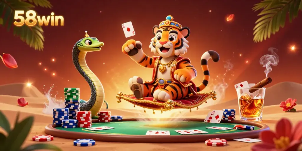 Engage with 58win's enchanting gambling realm, illustrated with 3D characters amidst vibrant poker elements.