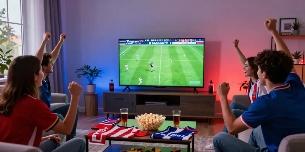 Group of friends enjoying ThapcamTV football match in a lively living room.
