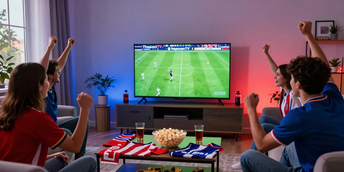 Group of friends enjoying ThapcamTV football match in a lively living room.