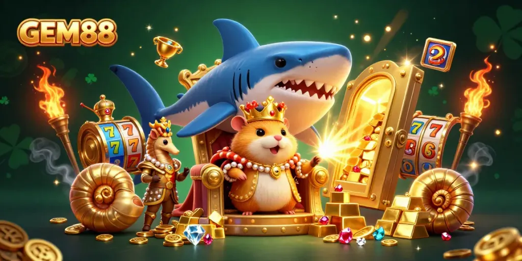 Experience GEM88's vibrant casino adventure with a golden hamster king and elaborate treasures.