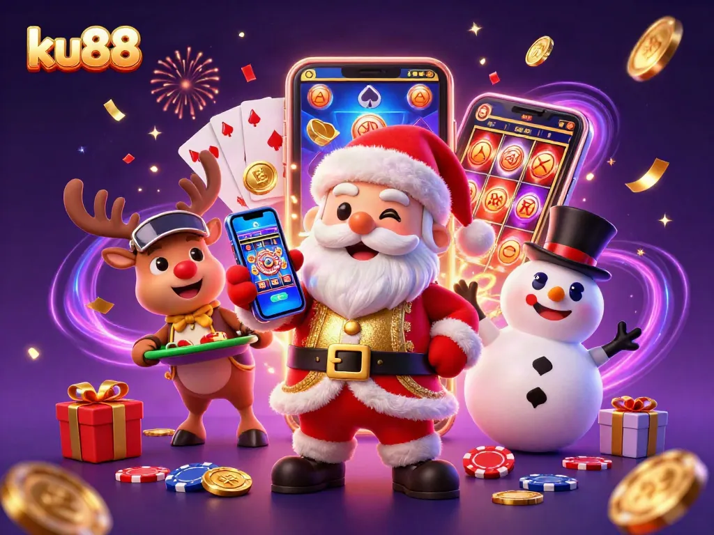 ku88 Christmas casino celebration with Santa and playful characters amidst slot games and festive elements