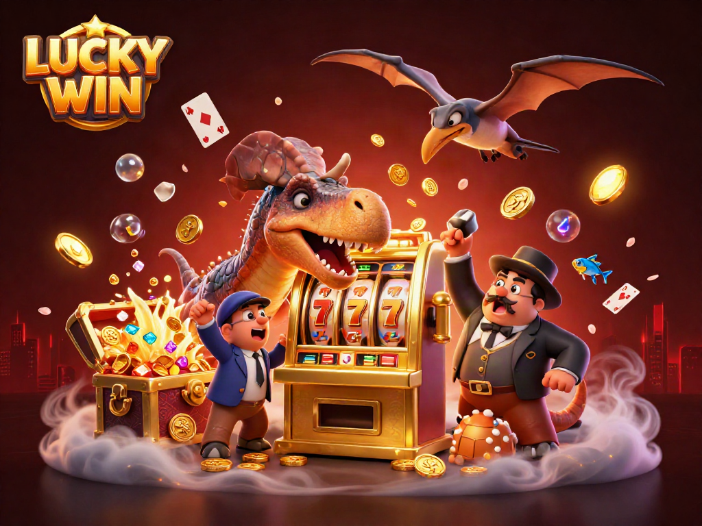 LUCKY WIN jackpot scene showing a dinosaur activating a slot machine with coins flying everywhere