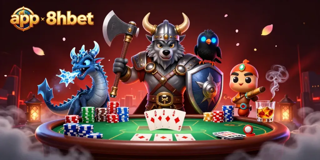 Experience thrilling gameplay with the app 8xbet featuring Viking warrior and dragon in a dynamic casino setting.
