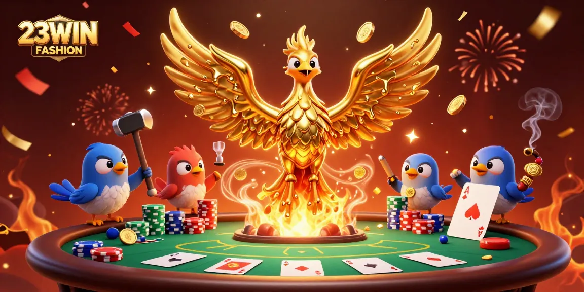 Experience thrilling action at 23WIN FASHION with vibrant poker elements and golden phoenix!