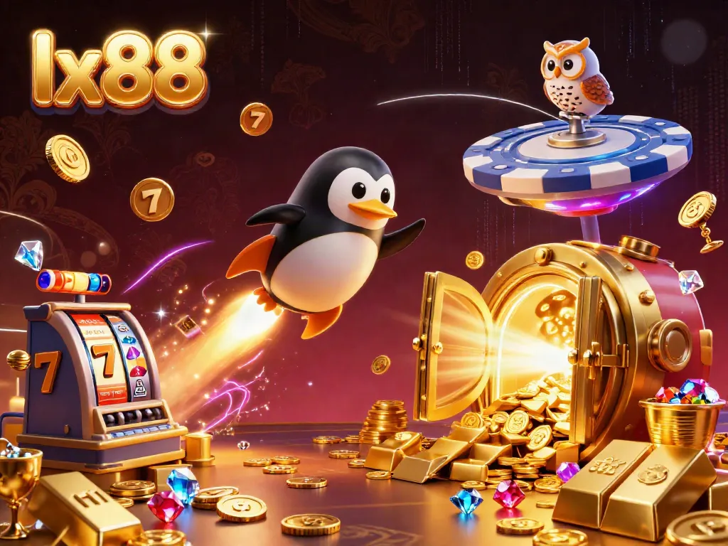 Engage with lx88 as a golden penguin navigates a vibrant casino in space, accentuating thrilling gameplay.