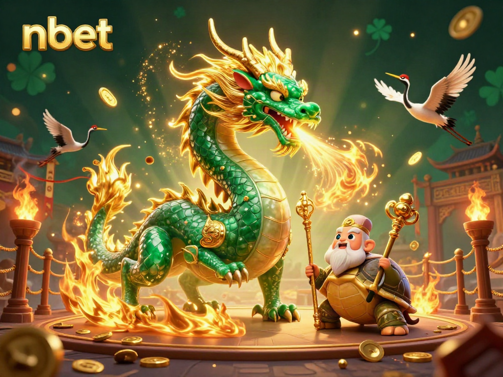 Experience thrilling bets with nbet featuring a jade dragon, turtle sage, and lucky cranes in a dynamic casino scene.