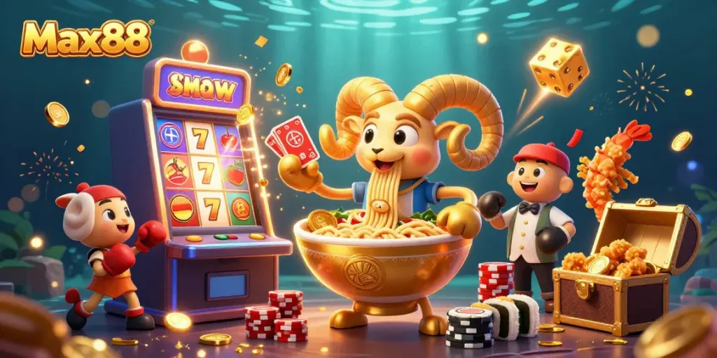 Experience thrilling wins at Max88 with our unique 3D casino illustration featuring fun characters and exciting game elements.