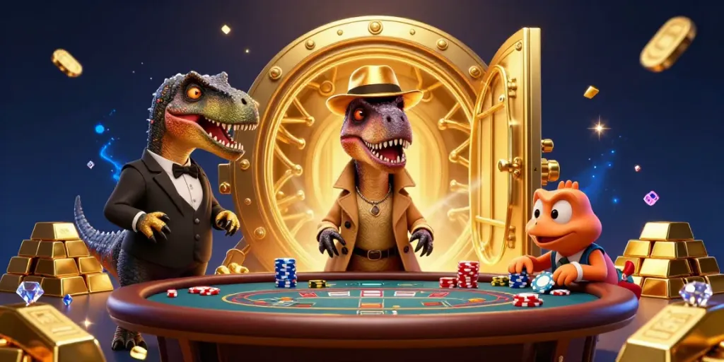 H19 players strategizing at a casino, featuring a velociraptor card counter surrounded by treasures.