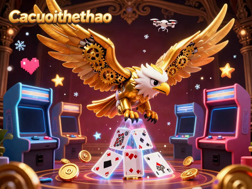 Experience the thrill of gambling with Cacuocthethao in a vibrant 3D illustration featuring a golden eagle diving through holographic cards.